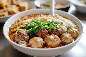 Rice vermicelli noodle and meatball Braised pork and tofu pork in the bowl