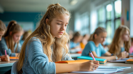 A focused teenage girl writing in a classroom filled with students. The image captures a moment of concentration and learning in an academic environment.