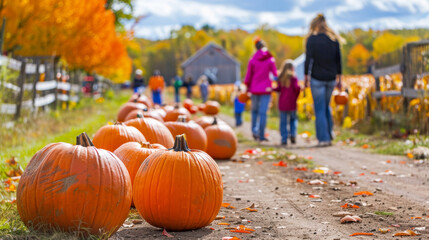 Autumn pumpkin patch with families and vibrant fall foliage