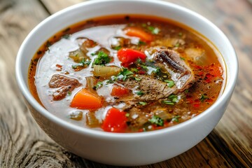 Thick hearty Soup with carp steak, vegetables and paprika, in white bowl