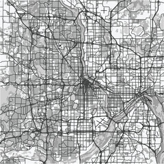 Map of Minneapolis in Minnesota in grayscale. Contains layered vector with roads water, parks, etc.