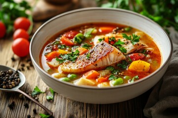 Thick hearty Soup with carp steak, vegetables and paprika, in white bowl