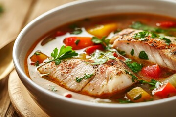 Thick hearty Soup with carp steak, vegetables and paprika, in white bowl, Isolated on White Background