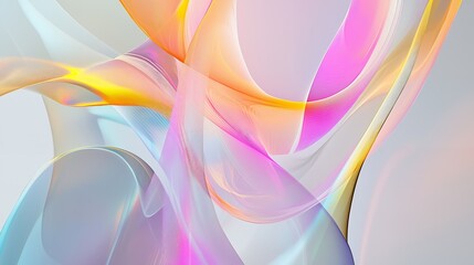 Fototapeta premium Abstract 3D illustration of flowing pastel ribbons in pink, orange, and blue colors over a soft light background.