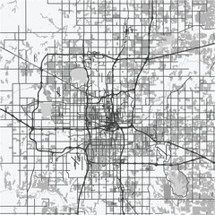 Map of Oklahoma City in Oklahoma in grayscale. Contains layered vector with roads water, parks, etc.