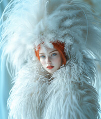  Snow Maiden, Snegurochka or Winter queen , white winter forest background. Woman in white. Happy New Year, Merry Christmas, x-mas Holiday.