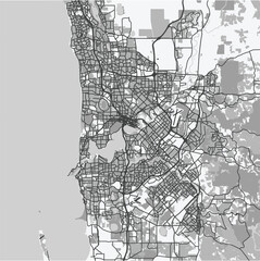 Naklejka premium Map of Perth in Australia in grayscale. Contains layered vector with roads water, parks, etc.