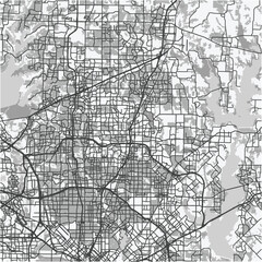 Map of Plano in Texas in grayscale. Contains layered vector with roads water, parks, etc.
