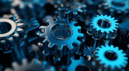 This closeup image showcases intricate blue metal gears, highlighting the sophisticated machinery design and emphasizing the importance of teamwork and collaboration in engineering for success