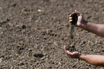 Agriculture concept. Gardening season. Gardener hold fertile soil in hands. Farmer with soil for...