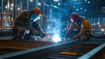 Workers in safety gear welding and securing steel beams on a large construction project