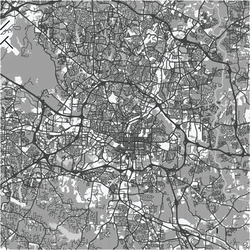 Map of Raleigh in North Carolina in grayscale. Contains layered vector with roads water, parks, etc.