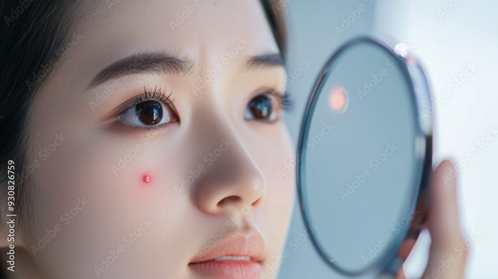 Sticker A woman is looking into a mirror with a red mark on her face