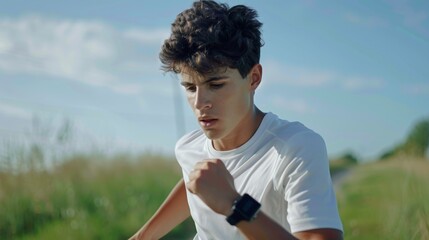 Mixed-race young athlete checking his watch while training outside. Nice Hispanic relaxing while checking his smartwatch during a workout. Exercise progress tracking