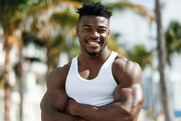 Black man with arms crossed during city running, workout, or outdoor training. Confident, sporty African American man smiling in an urban town.