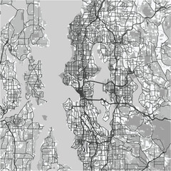 Obraz premium Map of Seattle in Washington in grayscale. Contains layered vector with roads water, parks, etc.
