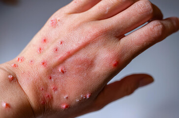Fototapeta premium Monkeypox Virus on the skin, Microscopic View of the Monkeypox Virus. Close-Up Image of the Monkeypox Virus Structure, Skin Manifestation of Monkeypox, Dermatological viruses 