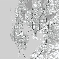 Fototapeta premium Map of Tampa in Florida in grayscale. Contains layered vector with roads water, parks, etc.