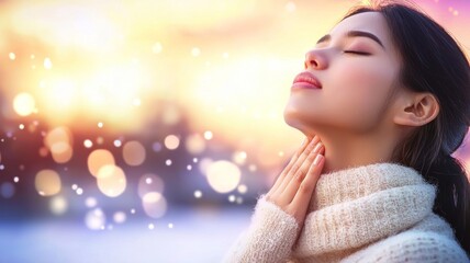 A woman is wearing a white sweater and is praying