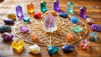 Vibrant crystal grid in geometric pattern for spiritual healing