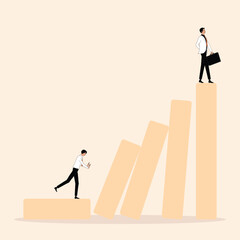 Career Ladder. A businessman promoting a position with another man at the top of it