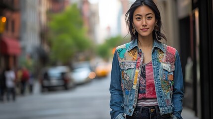 Fototapeta premium Fashionable Individual in Patchwork Denim Jacket with Embellishments Standing in Trendy City Setting
