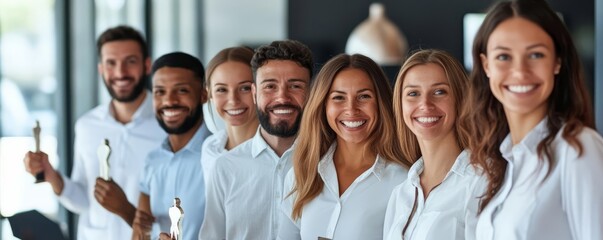 Obraz premium Team members smiling as they receive awards, happy business success, joyful recognition of achievements