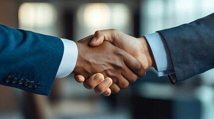 Business partners smiling and shaking hands, happy business success, joyful conclusion of a deal