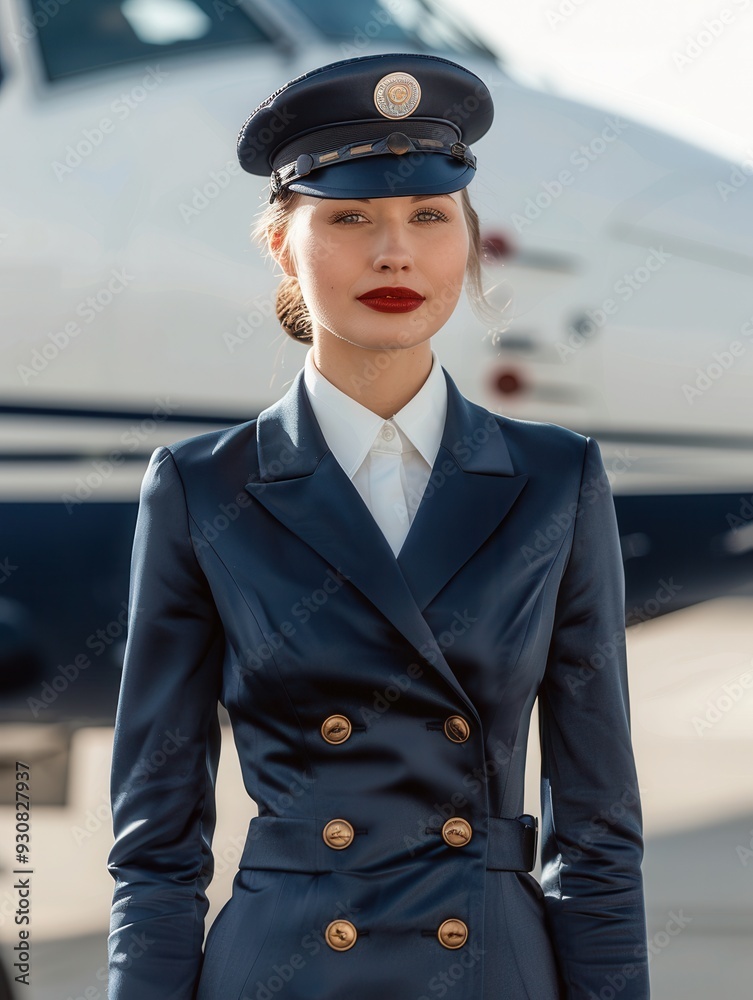 Poster a flight attendant wears a sleek navy uniform and a cap, posing near an aircraft on the runway in br