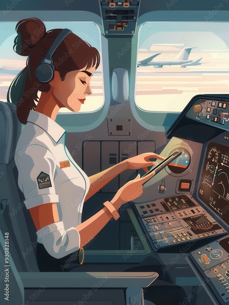 Poster a flight attendant is focused on the control panel, ensuring everything is in order before the aircr