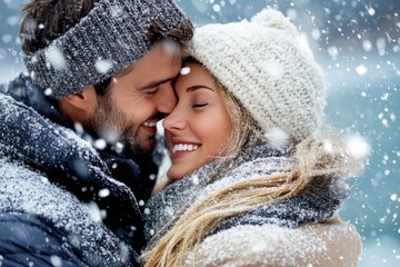 Romantic couple embracing in a snowy landscape wrapped in cozy winter clothes capturing the warmth love and joy of a tender moment amidst a winter wonderland
