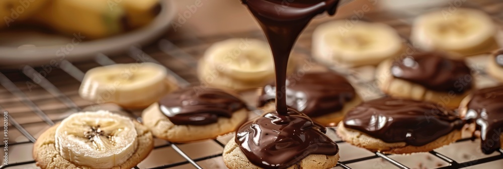 Poster Drizzling melted chocolate over banana cookies