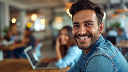 Happy design agency employee at coworking desk with laptop, notes, and work. Smile and computer, tech startup employee with confidence in creative career.