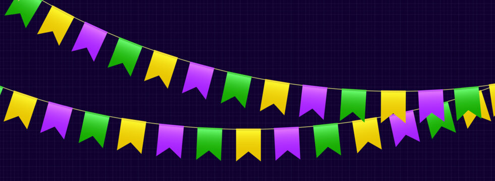Bunting flags, carnival party flags, Mardi Gras festive pennants hanging on a rope. Festival vector decoration.