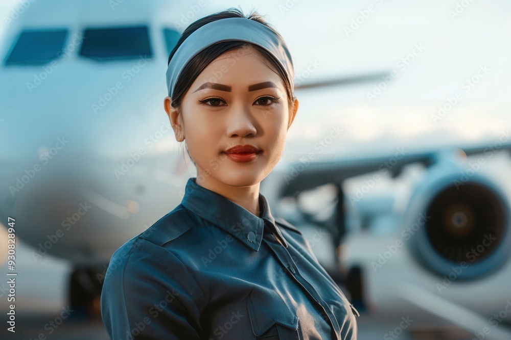 Poster the flight attendant stands smiling in front of an airplane, ready to assist passengers as they prep