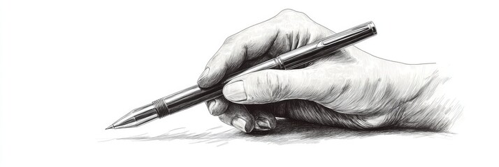 This artwork features a meticulous line art illustration portraying a hand gracefully holding a ballpoint pen, serving as a powerful symbol of creativity and the art of writing in its essence