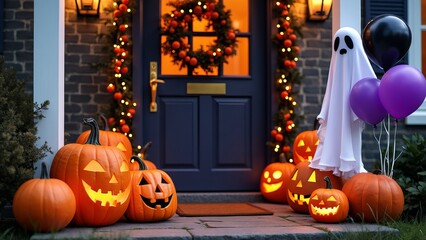 Obraz premium Close-up Halloween setting house entrance with jack-o-lanterns, wreaths, orange and black, purple balloons and ghost doll decorations.