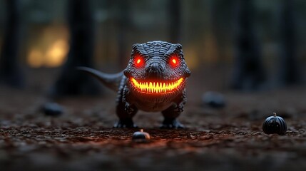 Fototapeta premium Halloween dinosaur, T-Rex with glowing red eyes, eerie scene, 3D illustration