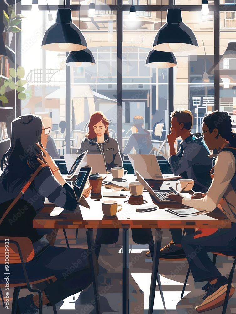 Poster a group of young entrepreneurs collaborates in a busy cafe, surrounded by laptops and coffee, sharin