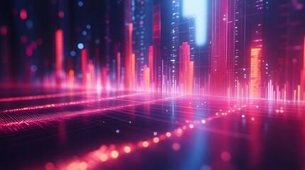 Fototapeta premium Abstract digital data visualization representing a futuristic city skyline with glowing neon pink and blue vertical bars.