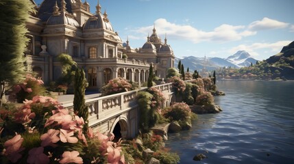 Naklejka premium A tranquil Italian villa overlooking a sparkling lake, with vibrant pink flowers and majestic mountains forming the backdrop.