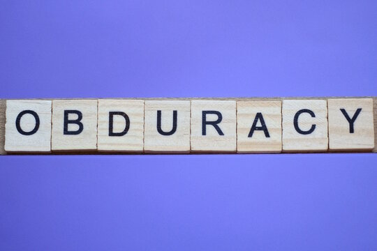 word obduracy made from wooden gray letters lies on a lilac background