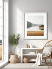 Scandinavian farmhouse room interior, plain white frame mockup, 3d rendering