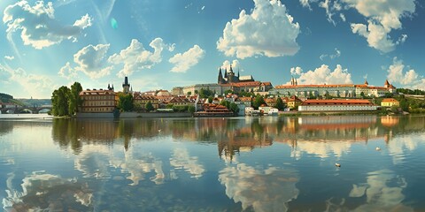 Fototapeta premium A serene panoramic view of a cityscape reflected in water under a vibrant sky.