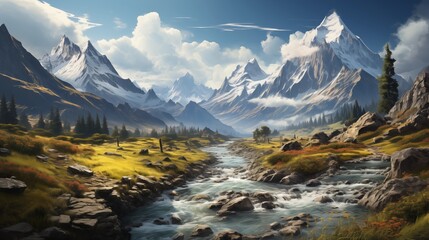 A tranquil meadow at the base of towering mountains, with a small stream meandering through and wildflowers in bloom.