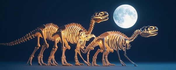 Obraz premium Dinosaur skeletons glowing under the Halloween moon, 3D illustration