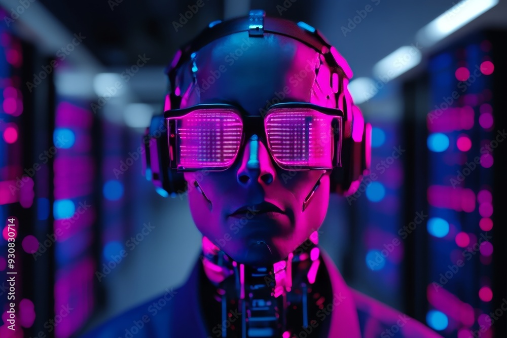 Sticker Cybersecurity expert with neon lit glasses standing in a server room symbolizing the critical role of human oversight in a highly automated digital world