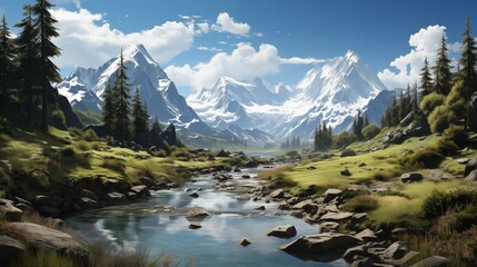 A tranquil mountain lake surrounded by lush greenery and towering peaks, with a bright blue sky stretching above.