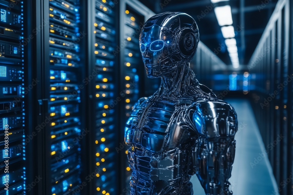 Wall mural futuristic humanoid robot in a data center symbolizing the advanced integration of ai and robotics w