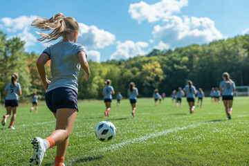 Girls practicing soccer drills on a sunny field surrounded by trees during afternoon training